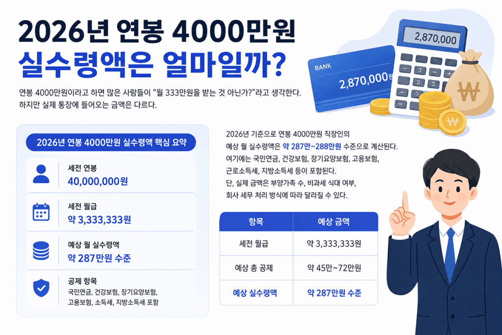 연봉4000만원, 실수령액, 2026실수령액, 연봉계산기, 세후월급, 직장인월급, 4대보험, 소득세, 월급실수령액, 연봉세금