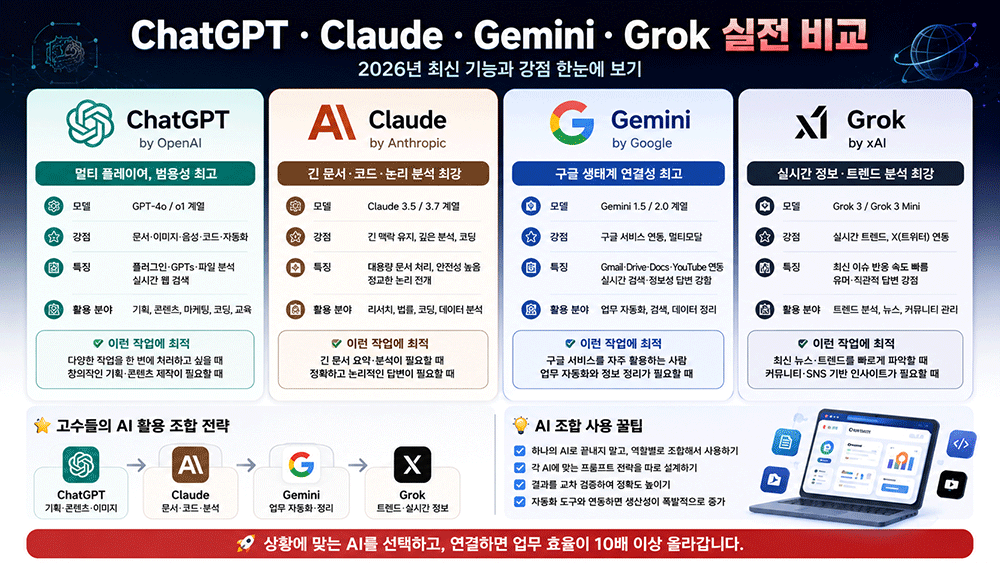 AI 비교｜2026 ChatGPT·Claude·Gemini·Grok 완전 분석