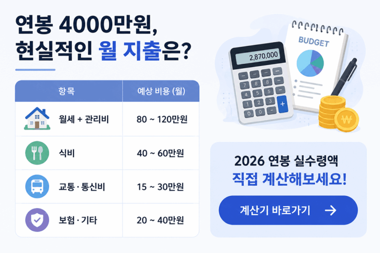 연봉4000만원, 실수령액, 2026실수령액, 연봉계산기, 세후월급, 직장인월급, 4대보험, 소득세, 월급실수령액, 연봉세금
