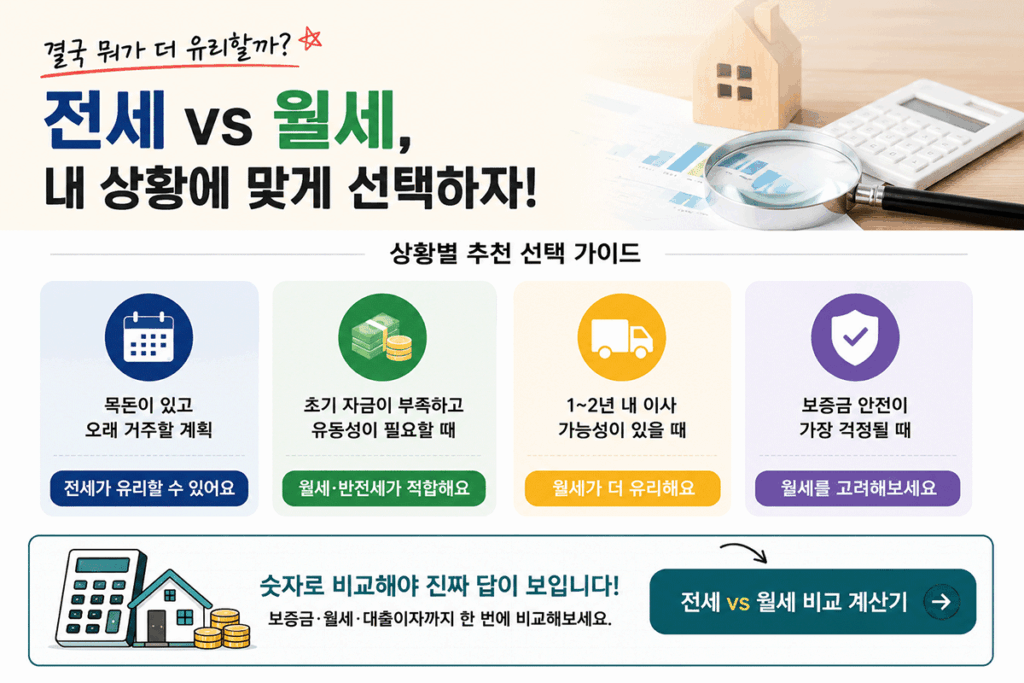 전세 vs 월세, 전세 월세 비교, 반전세, 보증금 월세, 월세 부담, 전세대출 이자, 전세사기, 이사철 집구하기, 부동산 계산기, 전월세 시장