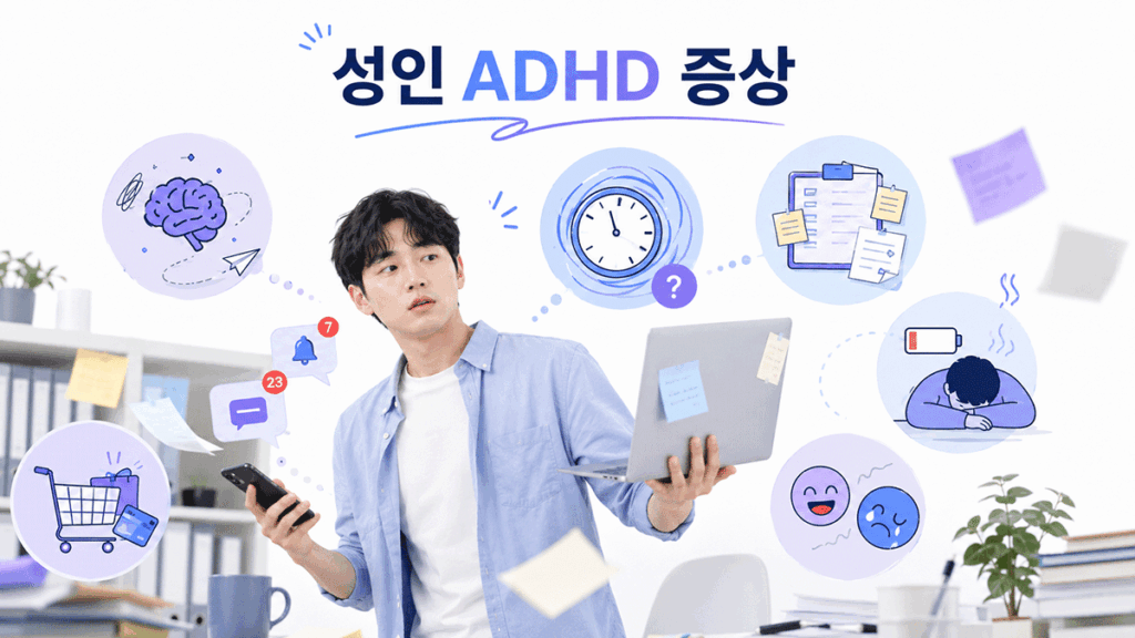 성인 ADHD, 성인 ADHD 자가진단, ADHD 테스트, ASRS-v1.1, 성인 ADHD 증상, 집중력 저하, 미루는 습관, ADHD와 우울증 차이, 성인 ADHD 병원, 정신건강