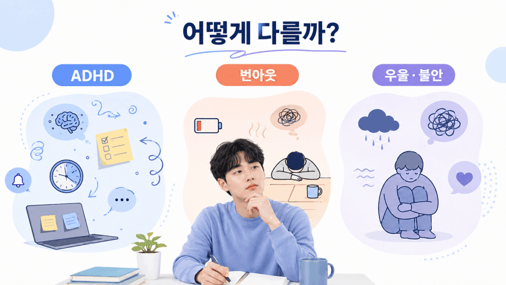 성인 ADHD, 성인 ADHD 자가진단, ADHD 테스트, ASRS-v1.1, 성인 ADHD 증상, 집중력 저하, 미루는 습관, ADHD와 우울증 차이, 성인 ADHD 병원, 정신건강