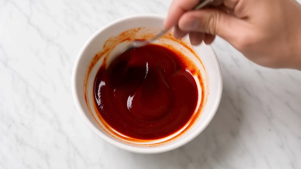 bibimbap recipe gochujang sauce being stirred smooth in a white bowl