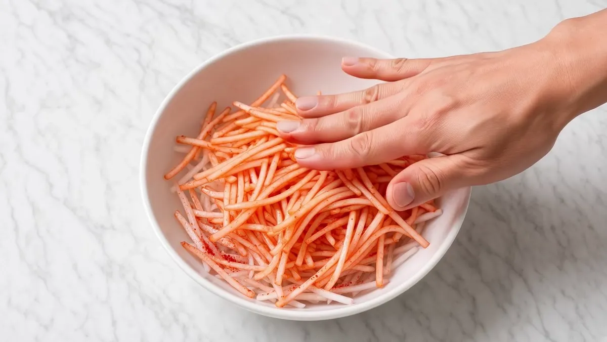 hand tossing julienned Korean radish with chilli flakes for a bibimbap recipe