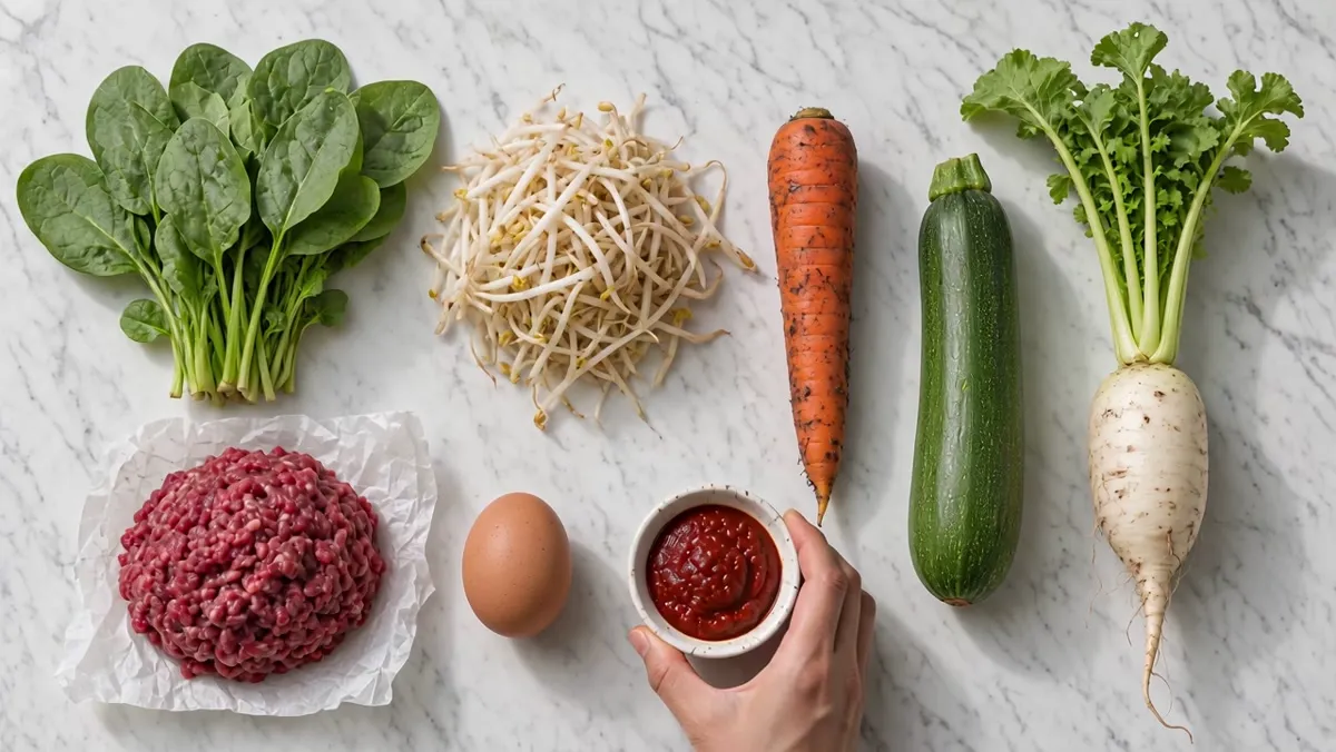 bibimbap recipe ingredients: spinach, sprouts, carrot, zucchini, radish, beef, egg, gochujang