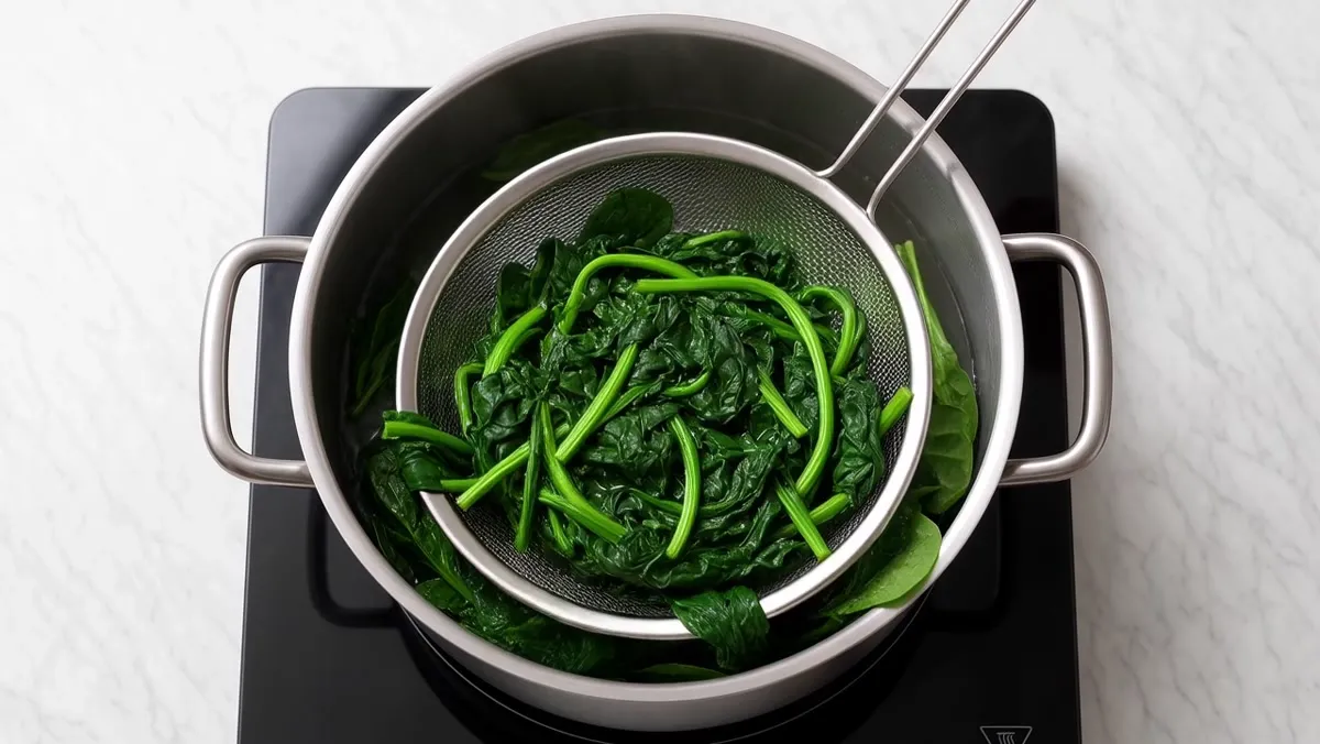 spinach blanched for ten seconds and lifted out in a strainer for a bibimbap recipe