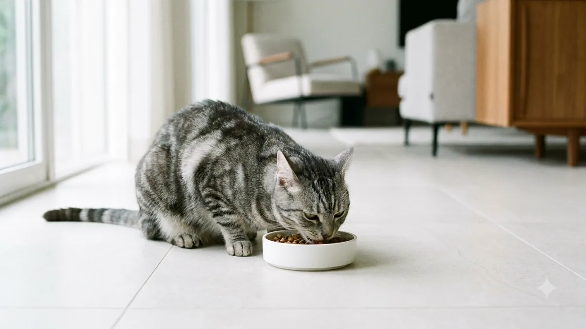 Grey tabby cat eating from a ceramic bowl - cat food calculator
