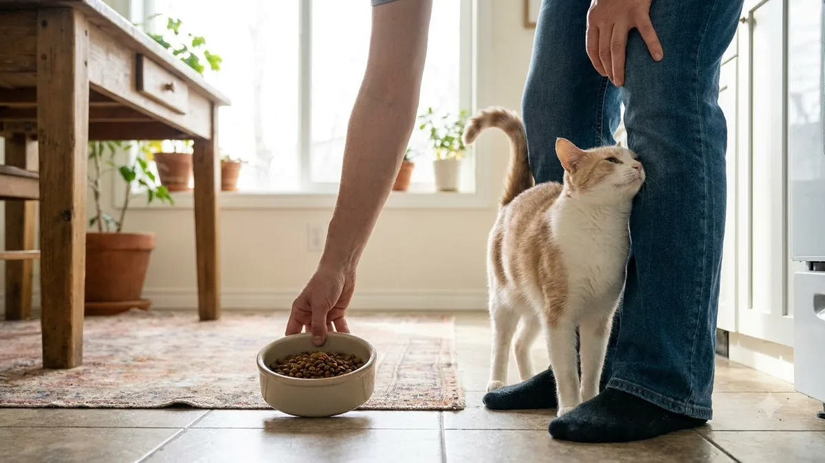 Hand setting down a bowl of cat food while a cat waits - daily cat feeding
