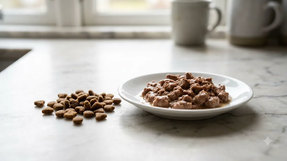 Wet cat food on a saucer beside dry kibble on a counter - cat food portion