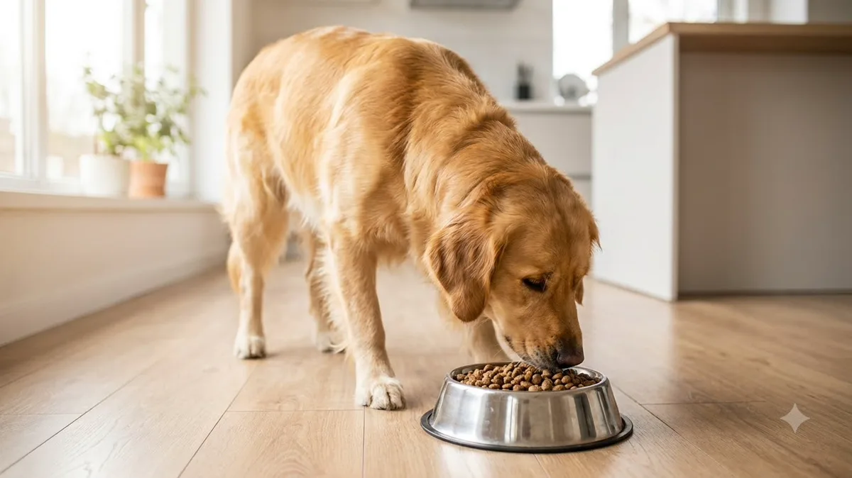 Golden retriever eating dry kibble from a steel bowl - dog food calculator