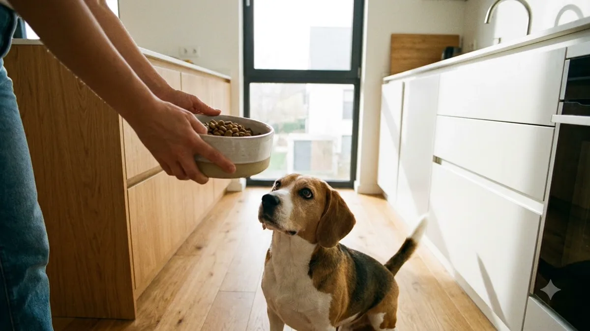 Person lowering a bowl of dry food while a beagle waits - daily dog feeding