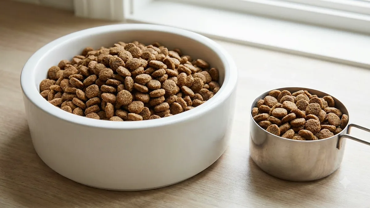 Dry dog food in a bowl beside a steel measuring cup - dog food portion