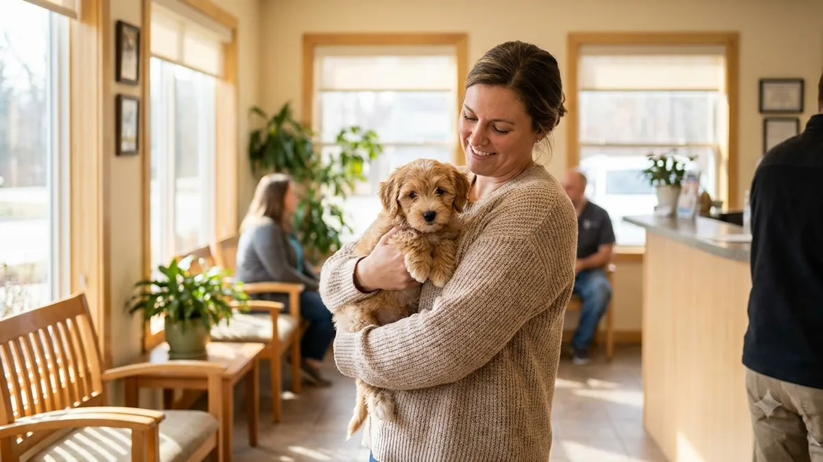 Owner holding a puppy in a veterinary clinic waiting area - vaccination visit
