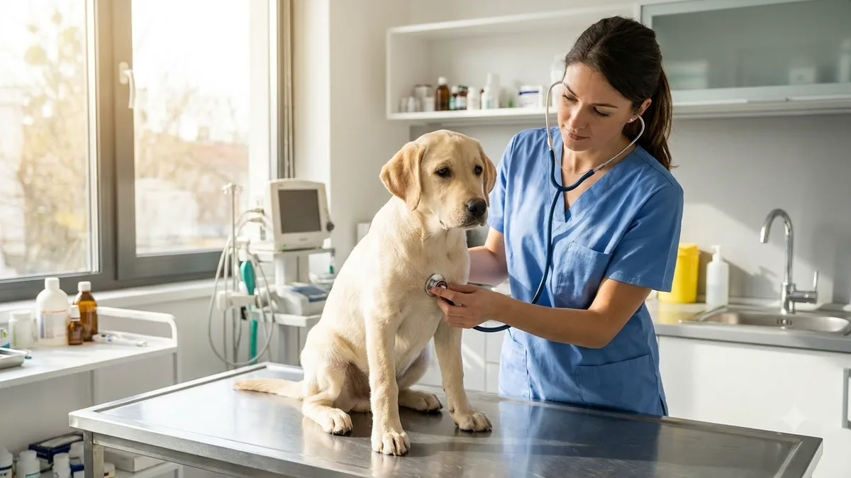 Veterinarian using a stethoscope on a labrador puppy - dog vaccination visit