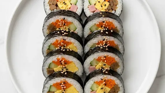 kimbap recipe sliced korean seaweed rice rolls on a plate