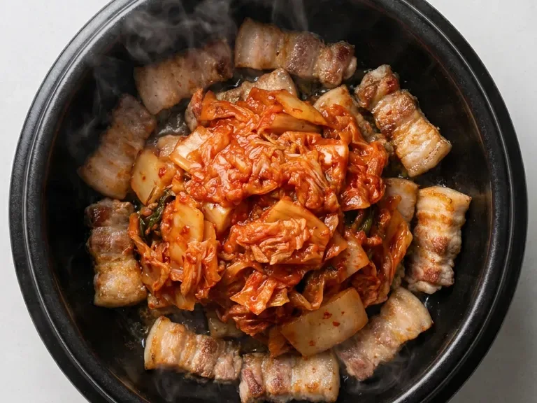 stir frying kimchi with pork
