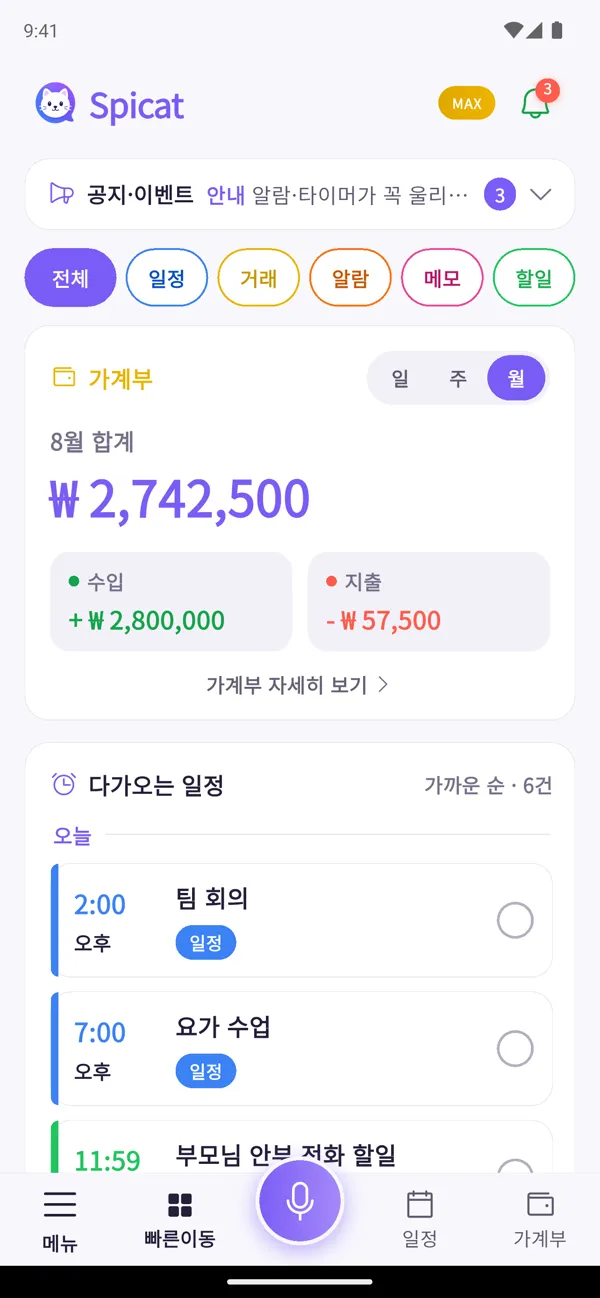 스피캣 하루 요약 화면