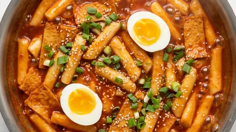 tteokbokki recipe - Korean spicy rice cakes with fish cakes and boiled eggs