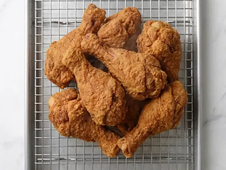Golden fried chicken drumettes resting on a wire rack for yangnyeom chicken recipe