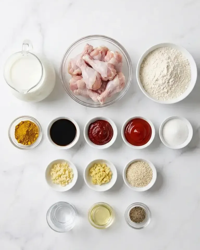 Yangnyeom chicken recipe ingredients laid out on a marble counter