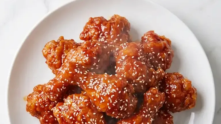 Yangnyeom chicken recipe — Korean sweet and spicy fried chicken on a white plate