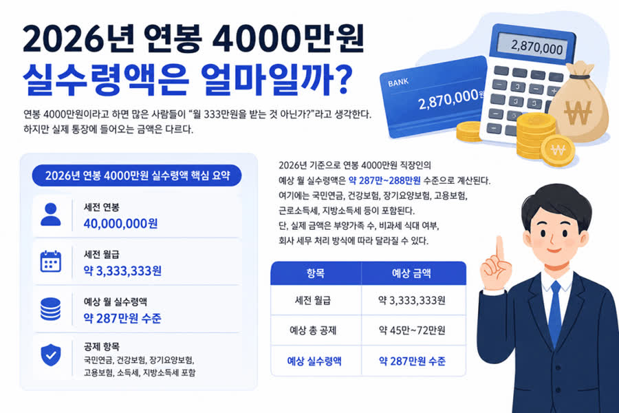 연봉4000만원, 실수령액, 2026실수령액, 연봉계산기, 세후월급, 직장인월급, 4대보험, 소득세, 월급실수령액, 연봉세금