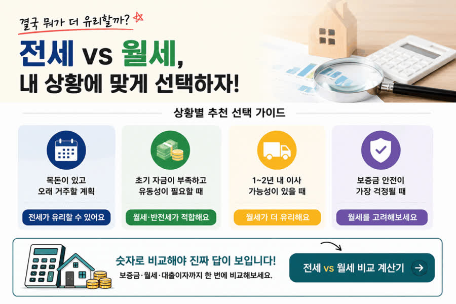 전세 vs 월세, 전세 월세 비교, 반전세, 보증금 월세, 월세 부담, 전세대출 이자, 전세사기, 이사철 집구하기, 부동산 계산기, 전월세 시장