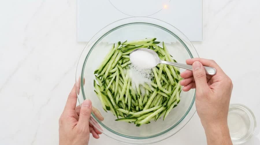 thin cucumber matchsticks being quick-pickled with sugar and vinegar in a glass bowl for kimbap