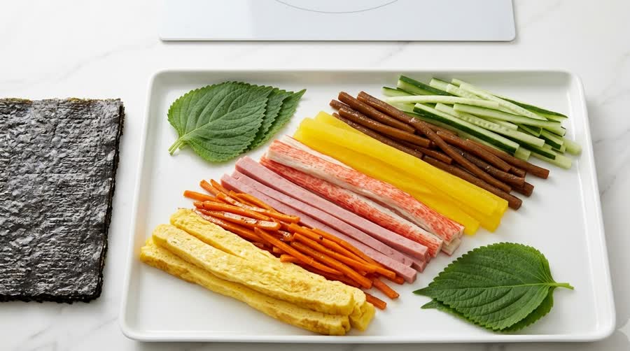 kimbap recipe fillings on a tray: thick egg sheet, fried carrot, ham, crab stick, radish, burdock