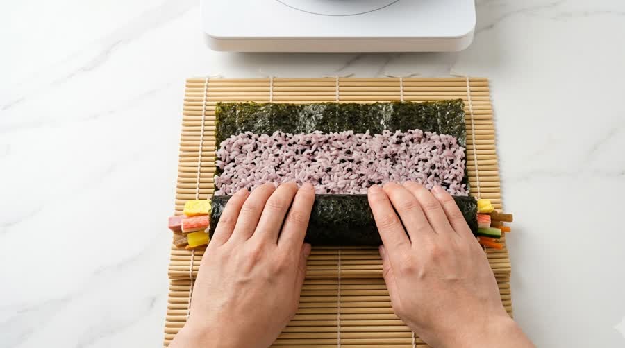 hands lifting the mat to press the first turn of the kimbap roll over the fillings