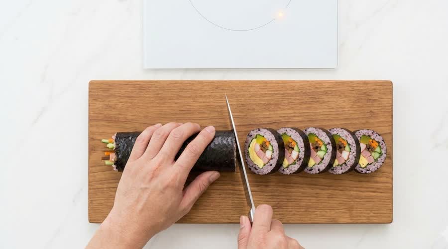slicing the kimbap roll into pieces, cross-section showing egg, carrot, ham and crab stick