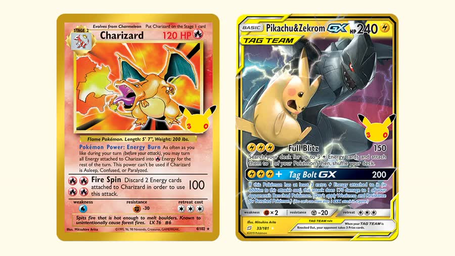 Base Set Charizard 4/102 and Pikachu and Zekrom GX 33/181 reprinted in Pokemon 30th Celebration