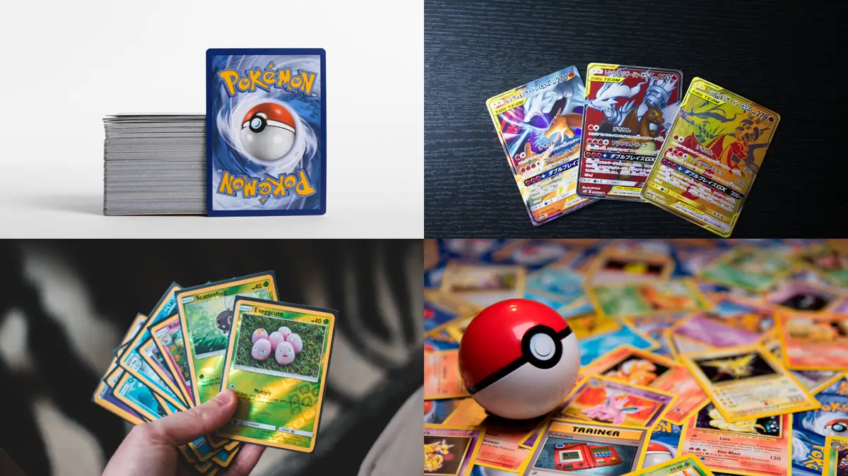 Four views of Pokemon cards: sealed stack, Japanese prints, a hand of pulls, loose bulk