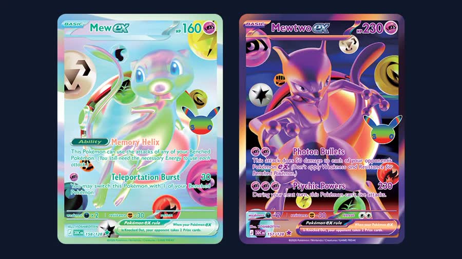 Mew ex 158/128 and Mewtwo ex 157/128, the first Futuristic rare cards in Pokemon 30th Celebration
