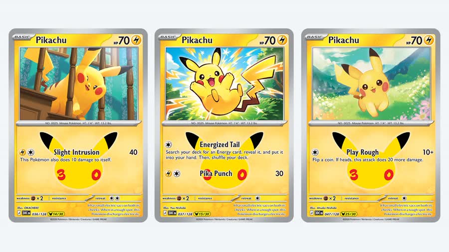Three Pokemon 30th Celebration Pikachu cards numbered 14/30, 15/30 and 25/30