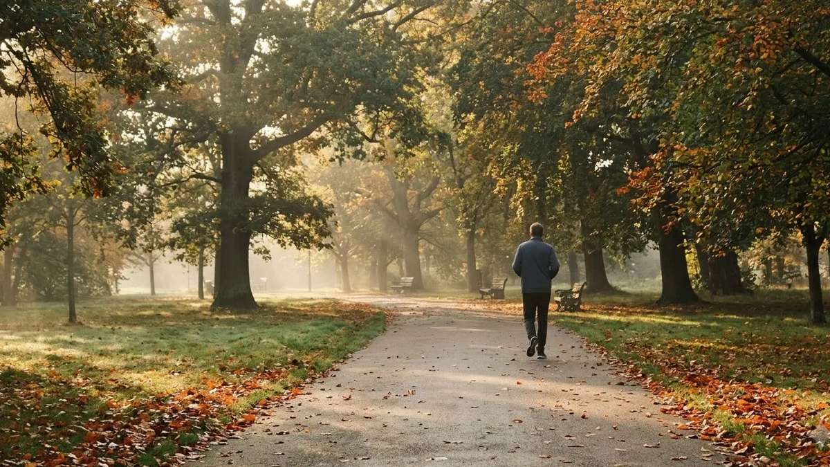 10,000 steps a day walk on a tree-lined park path at morning