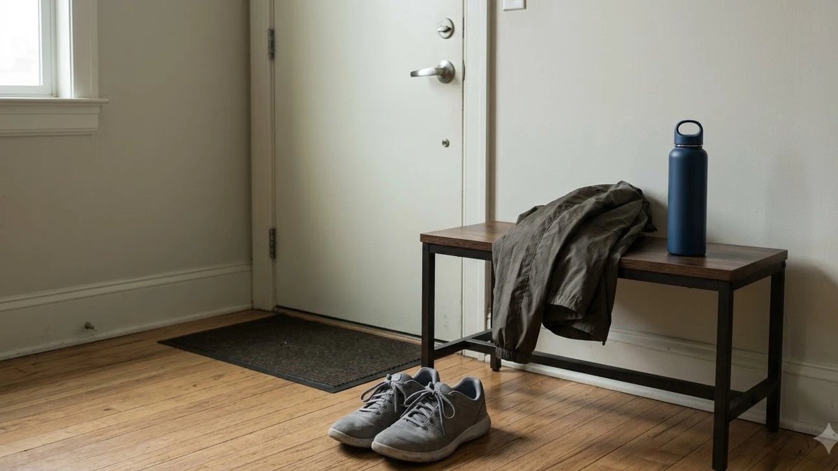 Walking shoes by the door ready for a daily step walk