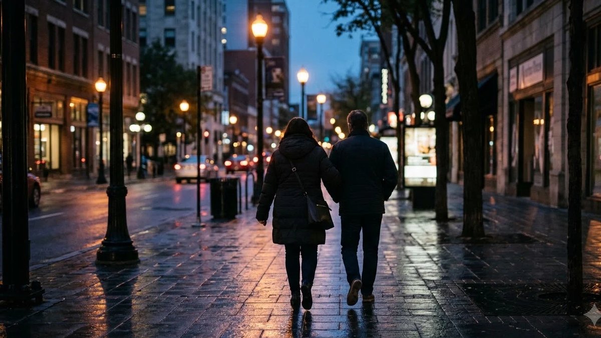 Brisk 10,000 steps walk up an urban sidewalk at dusk