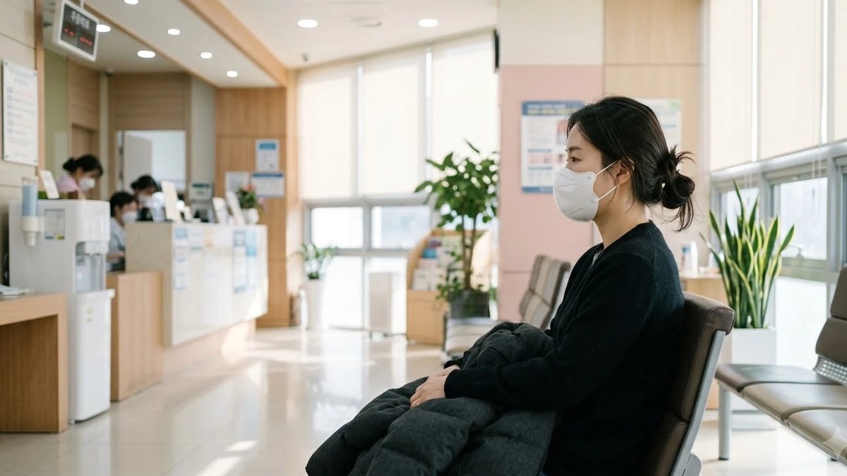 기침이 길어져 마스크를 쓰고 내과 대기실에서 진료를 기다리는 여성