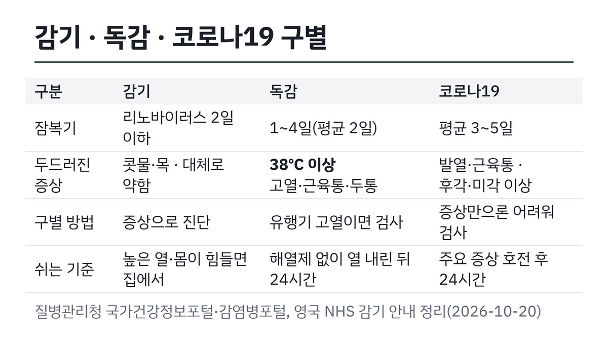 감기와 독감, 코로나19의 시작·잠복기·쉬는 기준 비교표