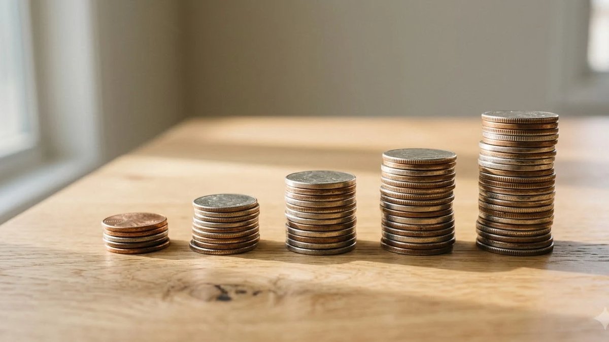 Compound interest example with coins stacked in growing rows