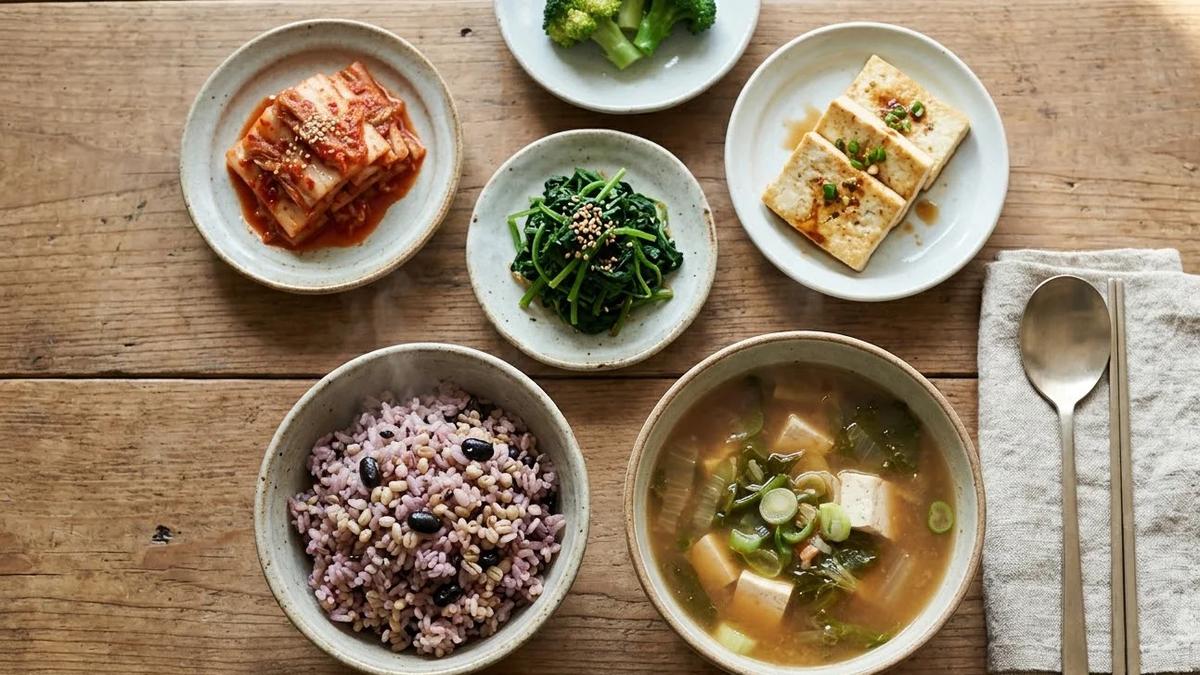 당화혈색소 관리용으로 차린 잡곡밥과 채소 반찬 한 상