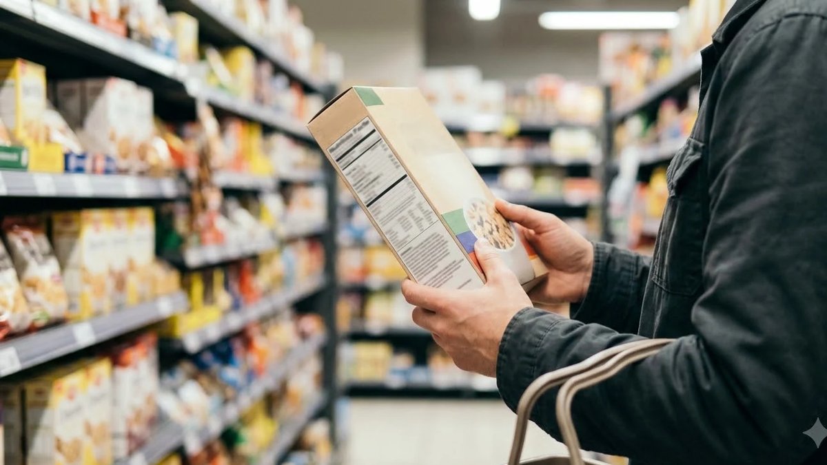 Shopper pausing to read a nutrition label in a store aisle