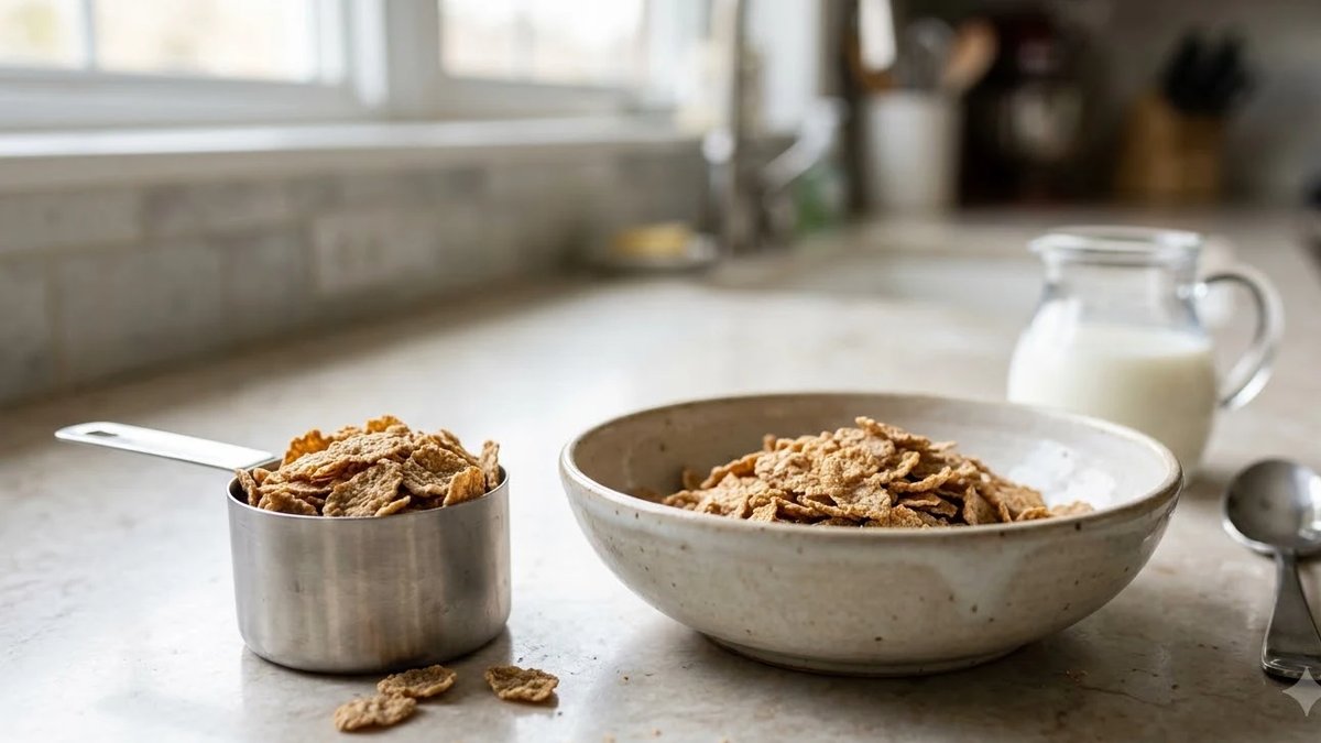 Cereal measured with a measuring cup next to a cereal bowl