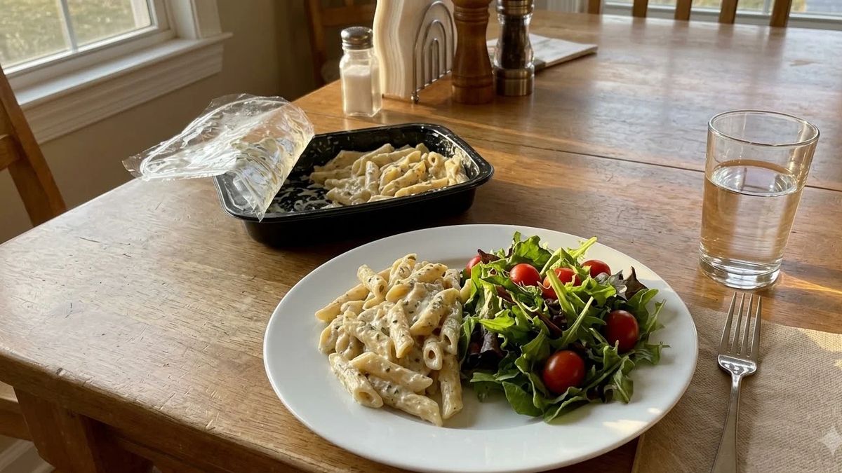 Frozen pasta meal split onto a plate with a side salad