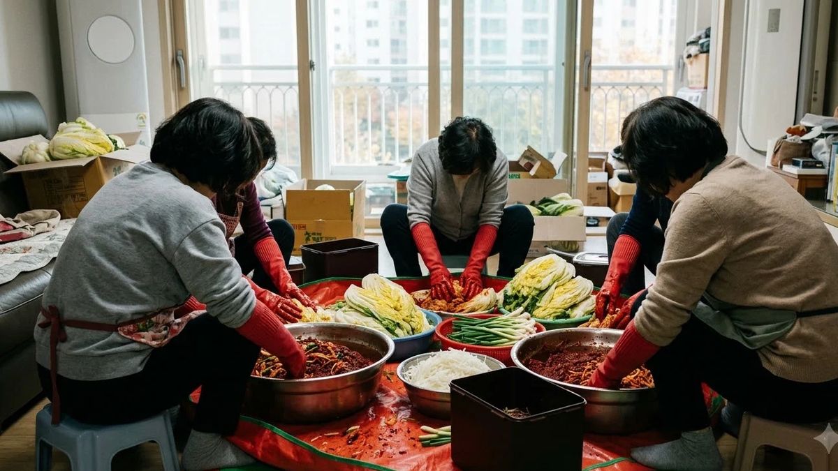 김장 시기에 맞춰 거실에서 절임배추에 양념을 바르는 가족의 손