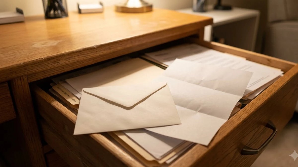 Password manager recovery kit in an envelope beside a drawer