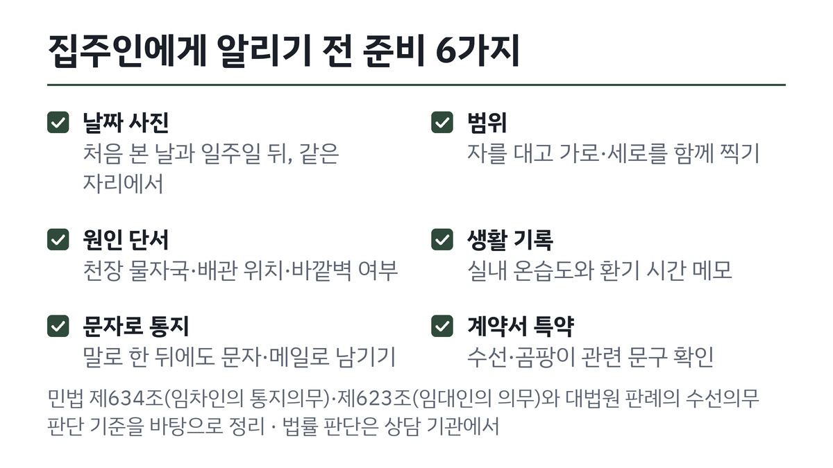 세입자가 집주인에게 곰팡이를 알리기 전에 준비할 여섯 가지 체크리스트