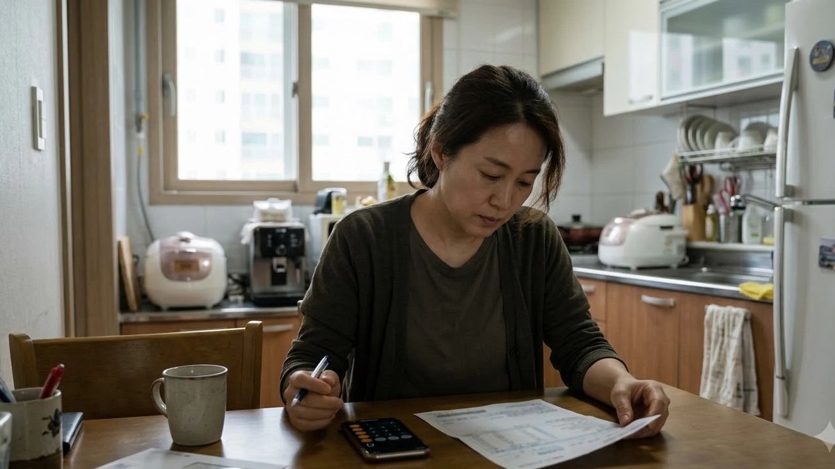 전기온수기 쓰는 달 전기요금 고지서를 보며 사용량을 계산하는 사람