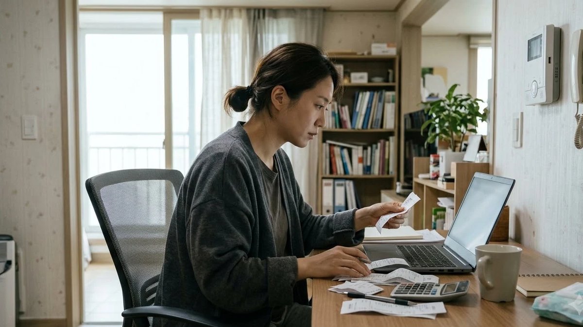 연말정산 미리보기 화면을 노트북으로 보며 영수증을 정리하는 직장인